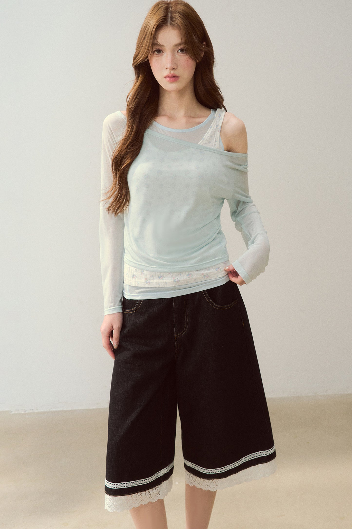 Cooling Layered-Look Long-Sleeve Blouse Set
