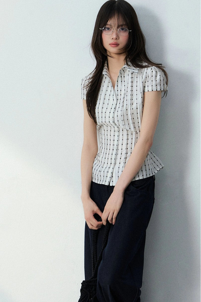 V-Neck Plaid Polka Dot Short Sleeve Shirt Set-Up