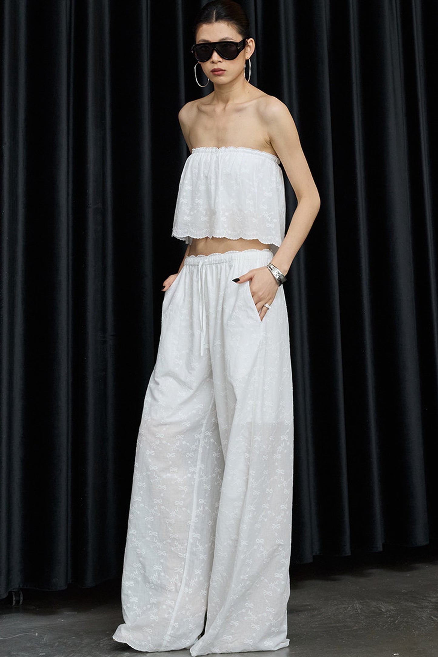 White Cotton Hollow Embroidery Top And Pants Set-Up