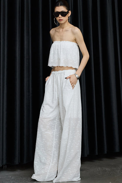 White Cotton Hollow Embroidery Top And Pants Set-Up