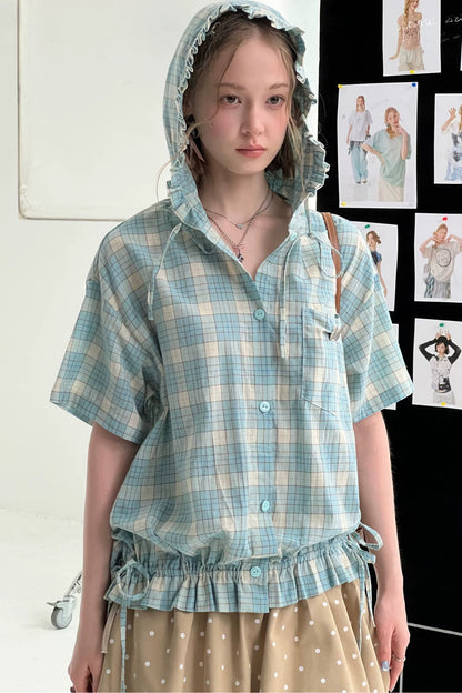 Sea Salt Plaid Hooded Blouse