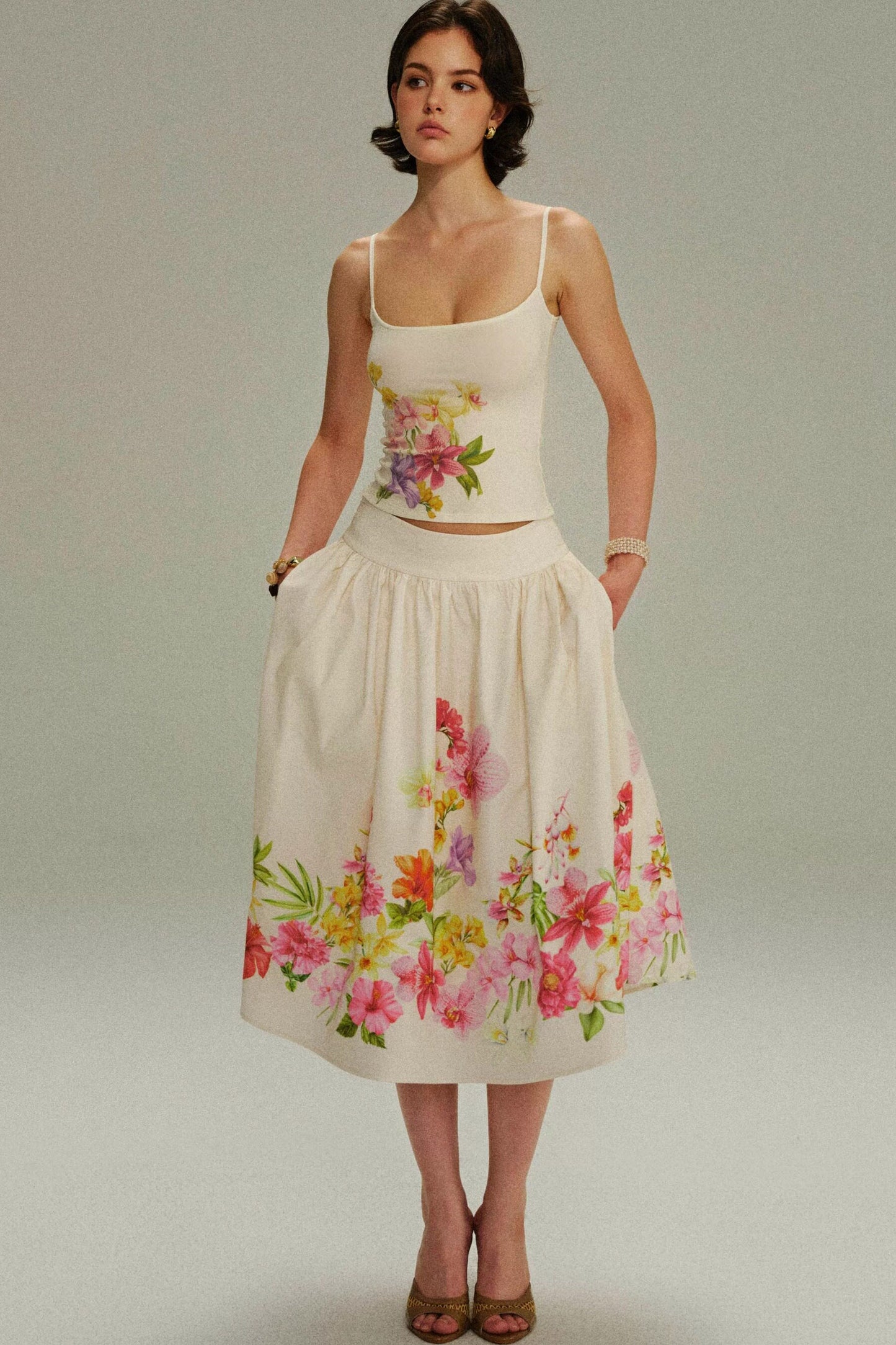 Retro Tencel Printed Camisole Skirt Set-Up