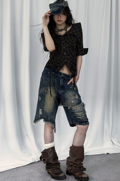 Pantaloncini di jeans effetto vissuto a gamba ampia