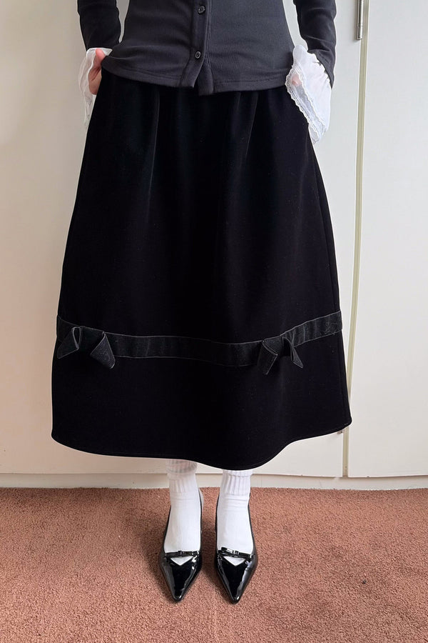 Black Velvet Bow Tie Midi Skirt