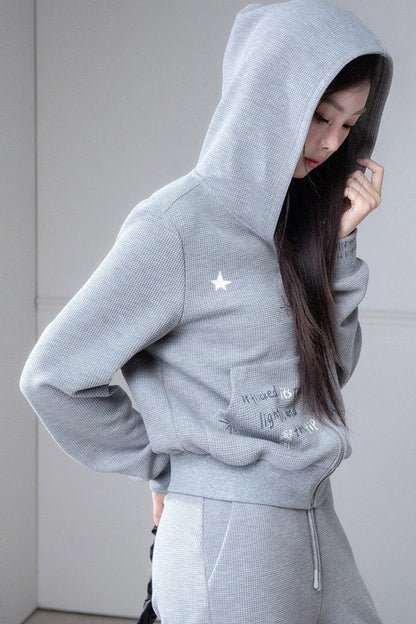 Printed Waffle Hooded Sweatshirt and Pants Set