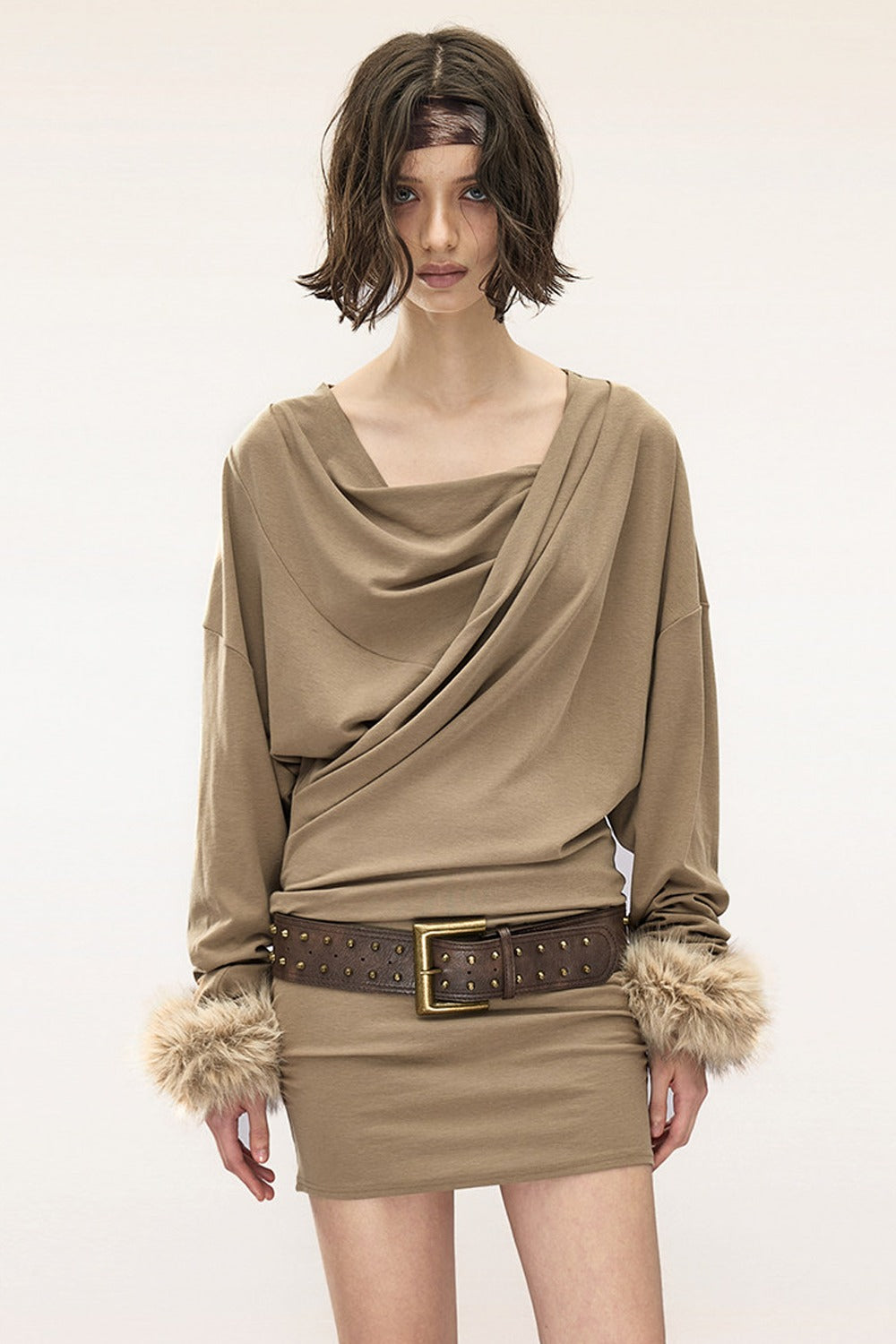 Tencel Cotton Pleated Asymmetrical Long-Sleeved Dress