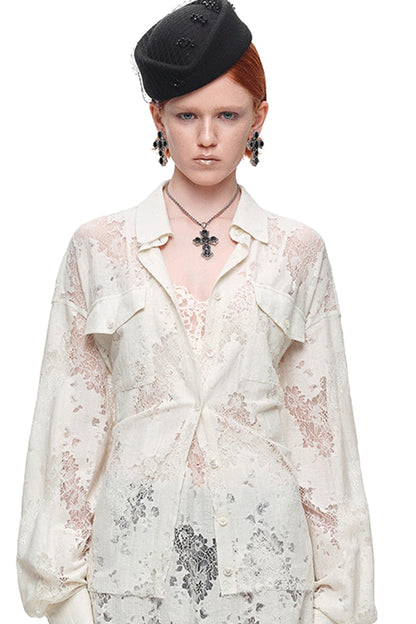 Lace Jacquard Tie Waist Shirt