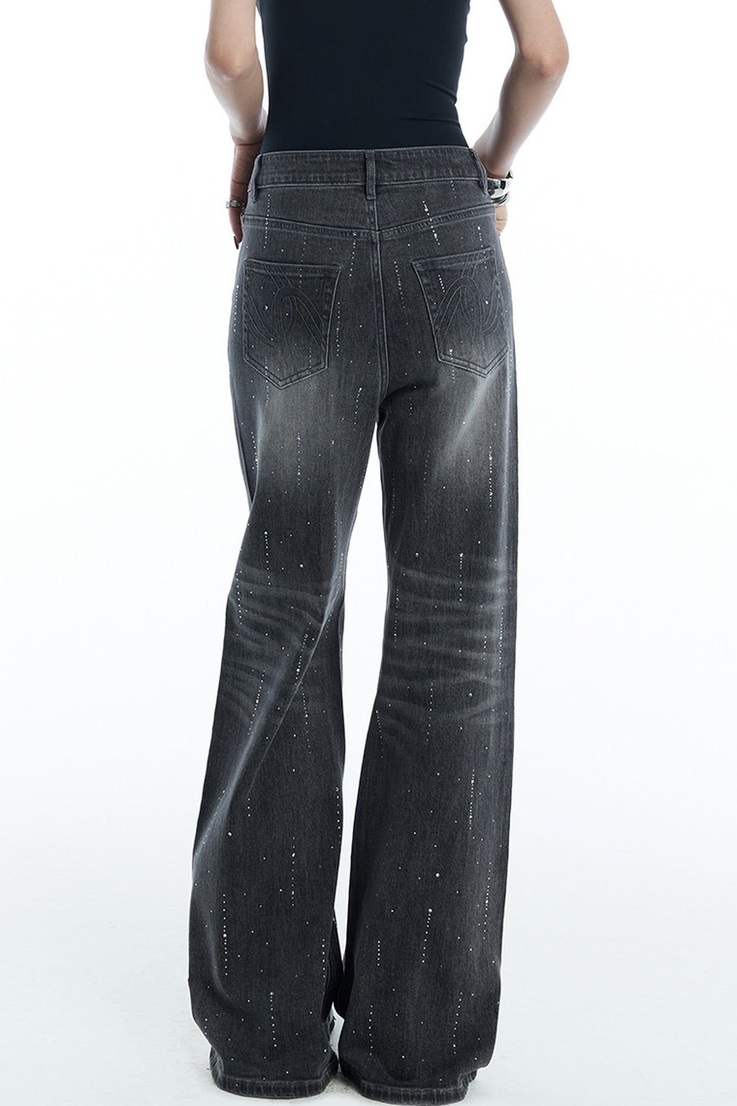 Scattered Rhinestone Wide-Leg Jeans