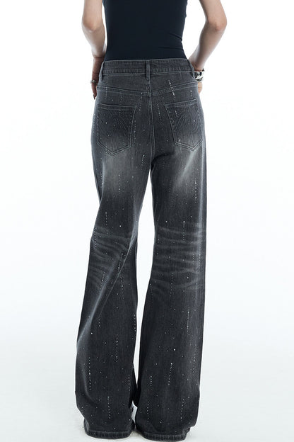Scattered Rhinestone Wide-Leg Jeans