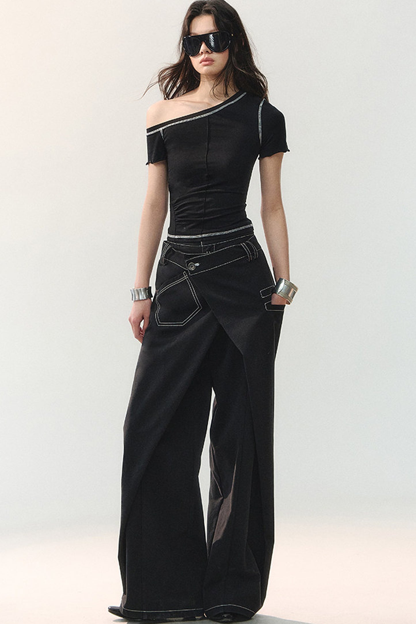 Asymmetrical Shoulder Short-Sleeve Top