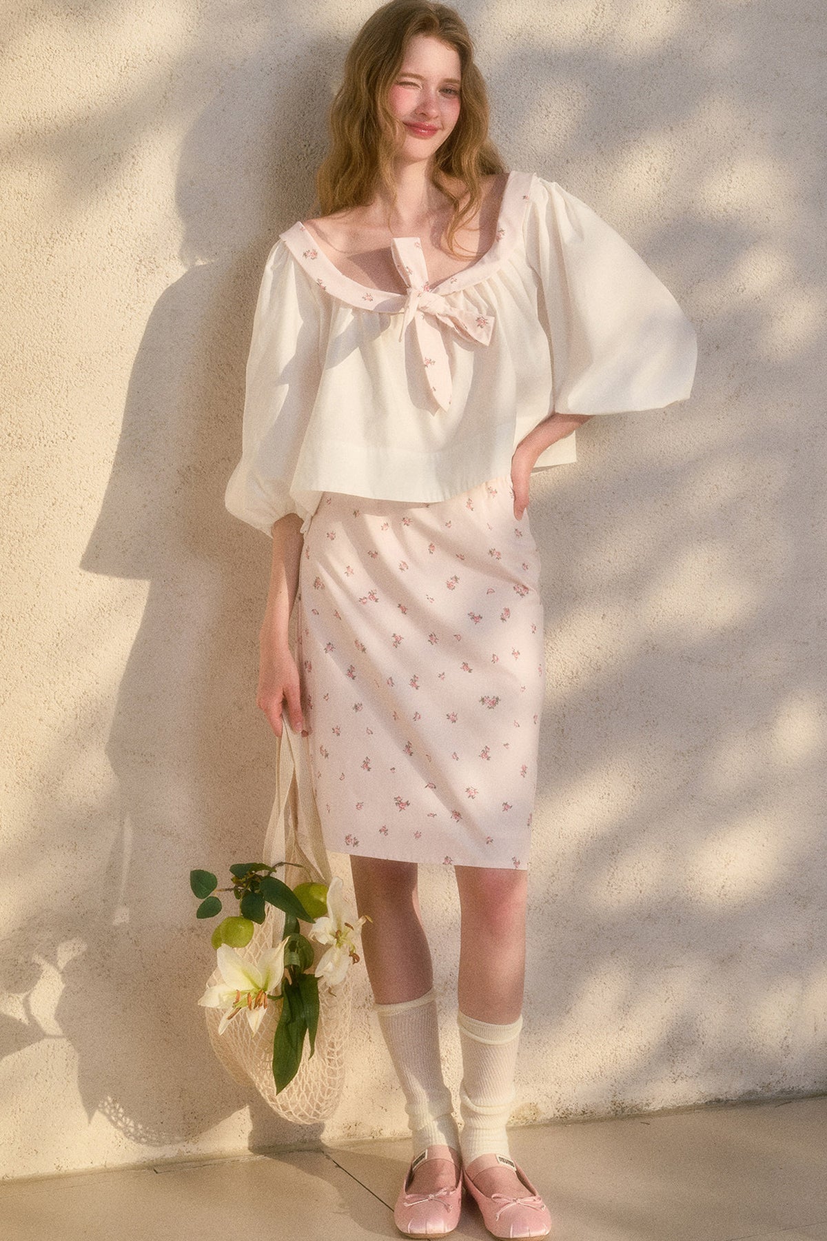 Floral Puff Sleeve Shirt and Skirt Set-Up