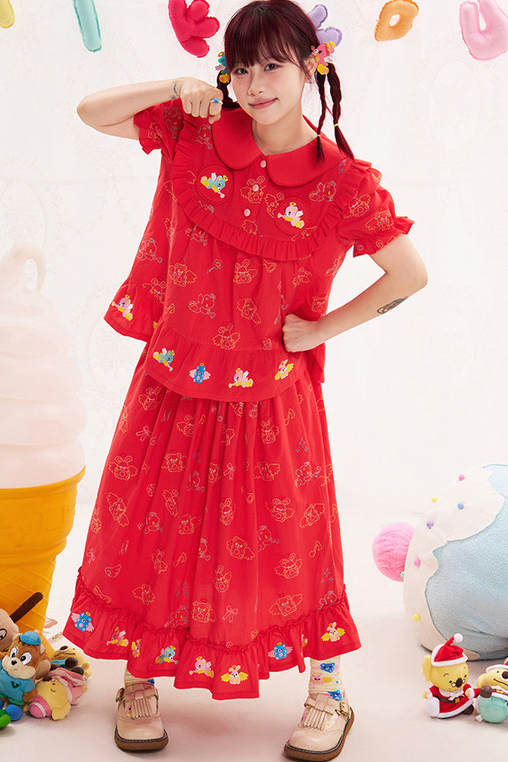 Red Animal Angel Embroidery Skirt