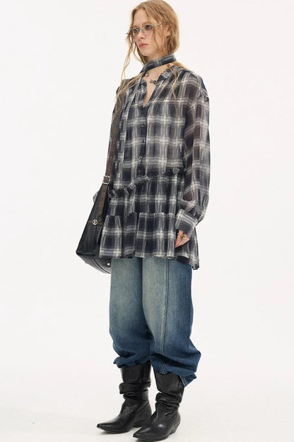 Drop Shoulder Plaid Blouse