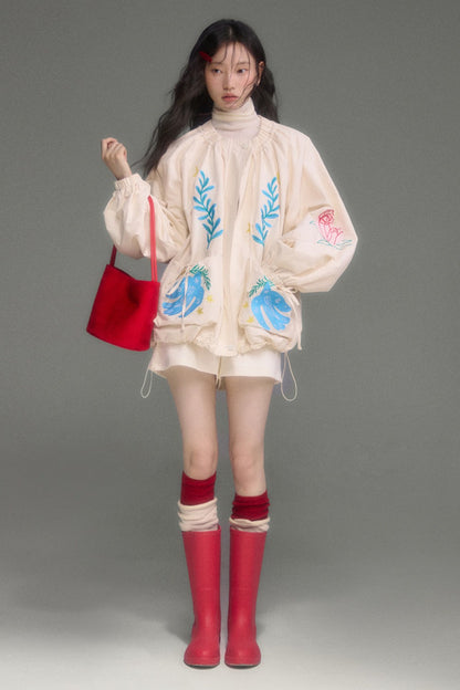 Loose Birds Olive Floral Embroidered Drawstring Jacket