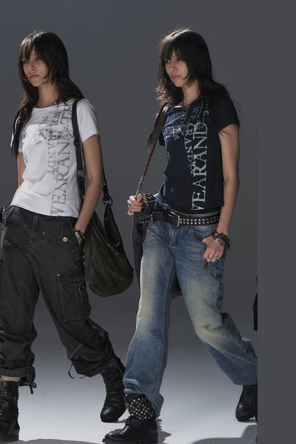 Silver Glitter Letter Print Short-Sleeve T-Shirt