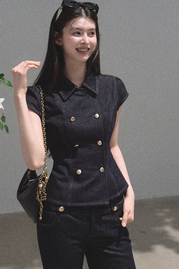 Retro Denim Waist-Cinching Dress Set-Up