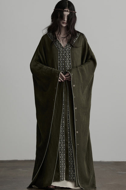 Dark Forest Green Embroidered Detachable Hood Cape