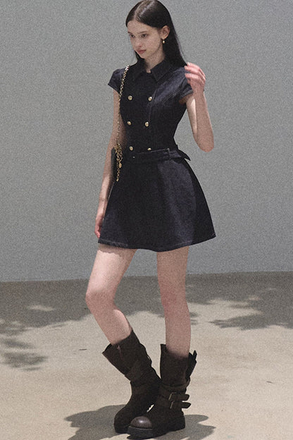 Retro Denim Waist-Cinching Dress Set-Up