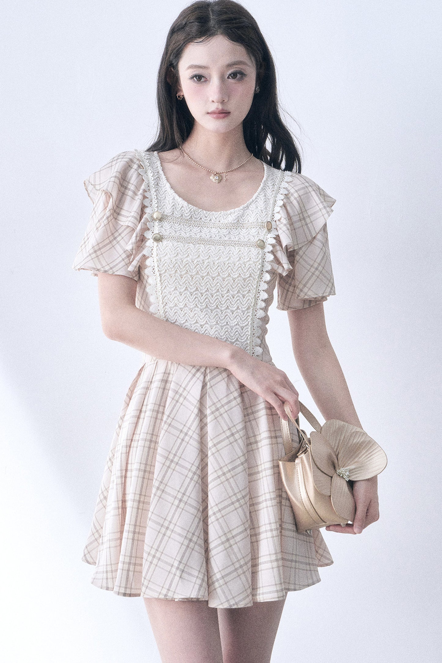 Knitted Patchwork Plaid Flutter-Sleeve Dress