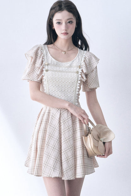 Knitted Patchwork Plaid Flutter-Sleeve Dress
