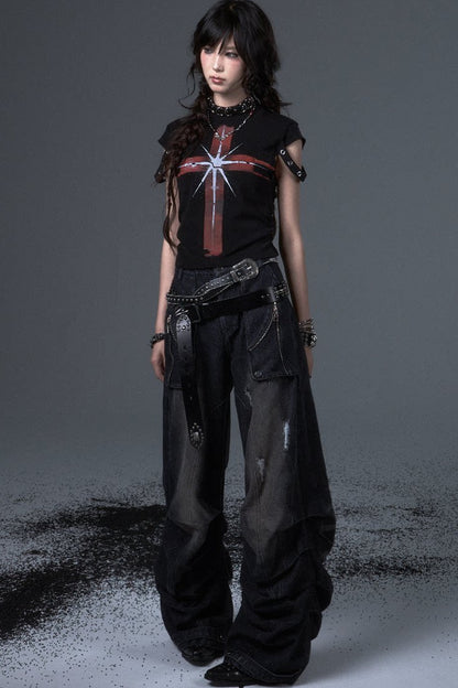Wide Leg Washed Scimitar Jeans