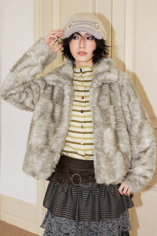 Gray Green Plush Fur Jacket
