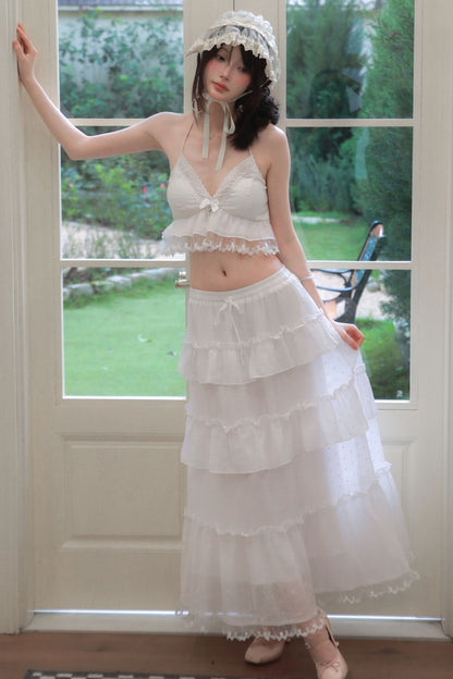 Ensemble caraco et jupe longue en Tencel blanc à imprimé étoiles