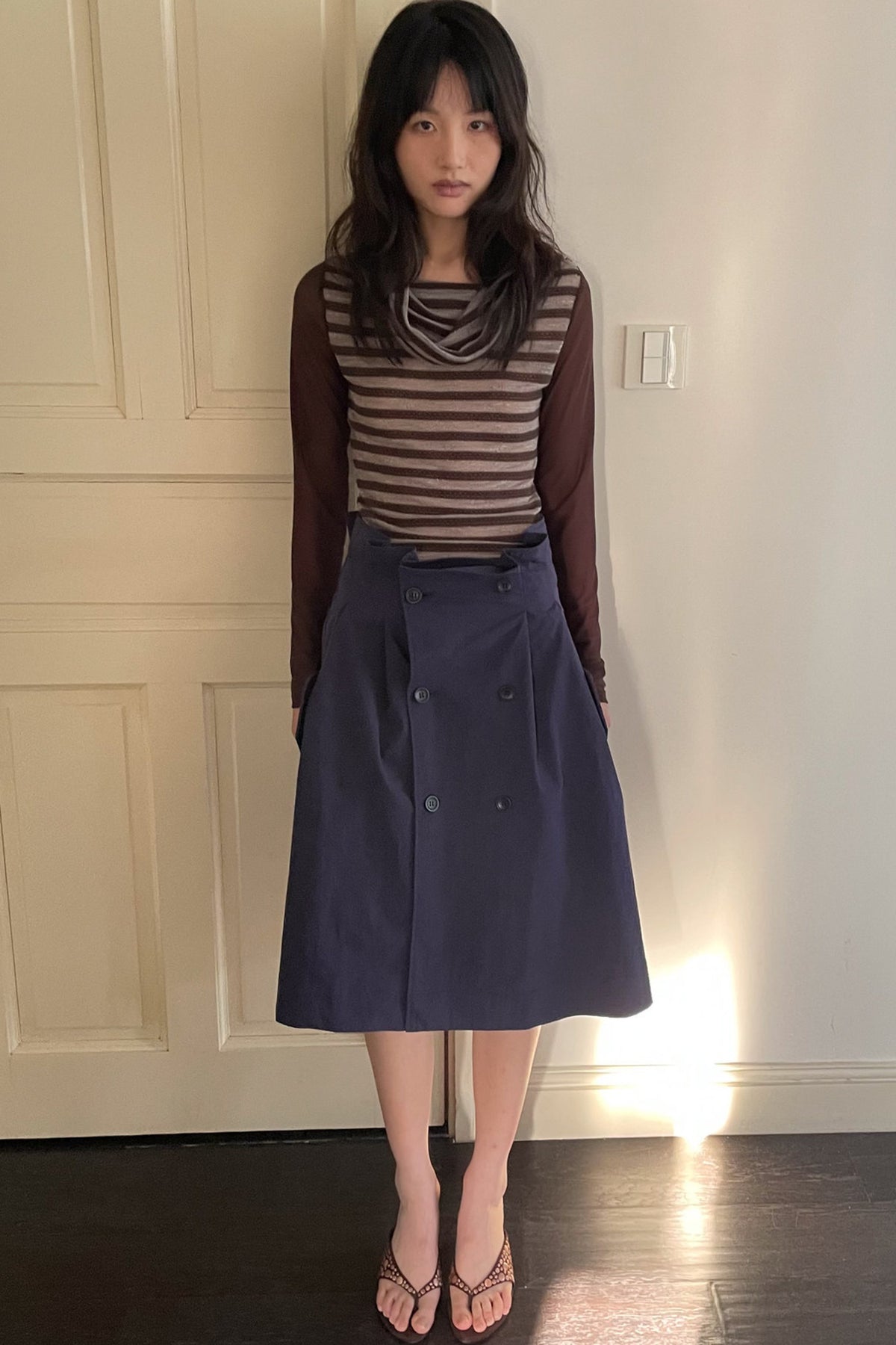 Spliced Striped Cowl Neck Long-Sleeve Blouse