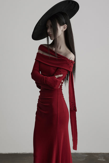 French Off-Shoulder Knitted Long-Sleeve Dress