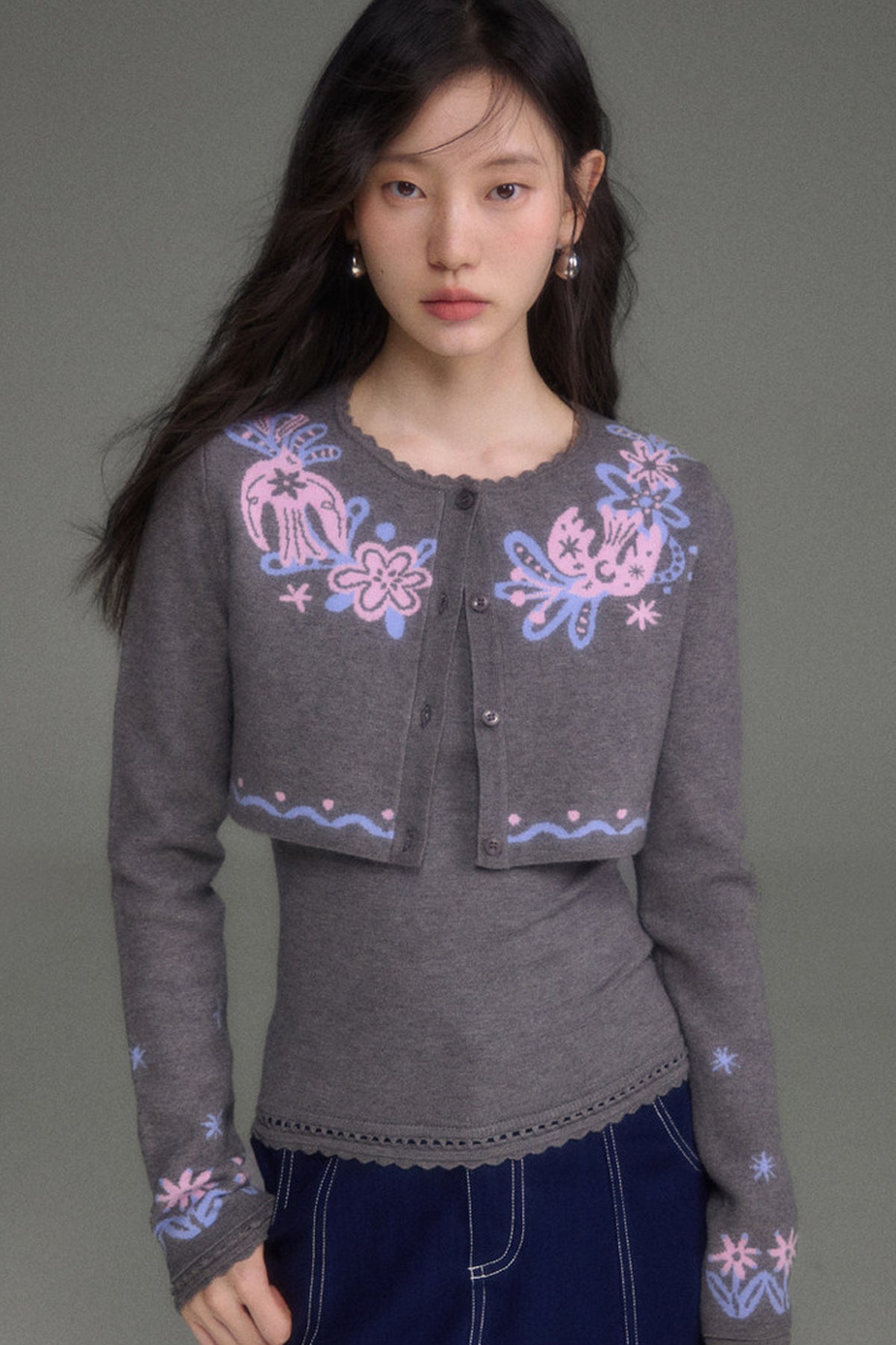 Hawthorn And Birds Jacquard Knit Cardigan And Top Set