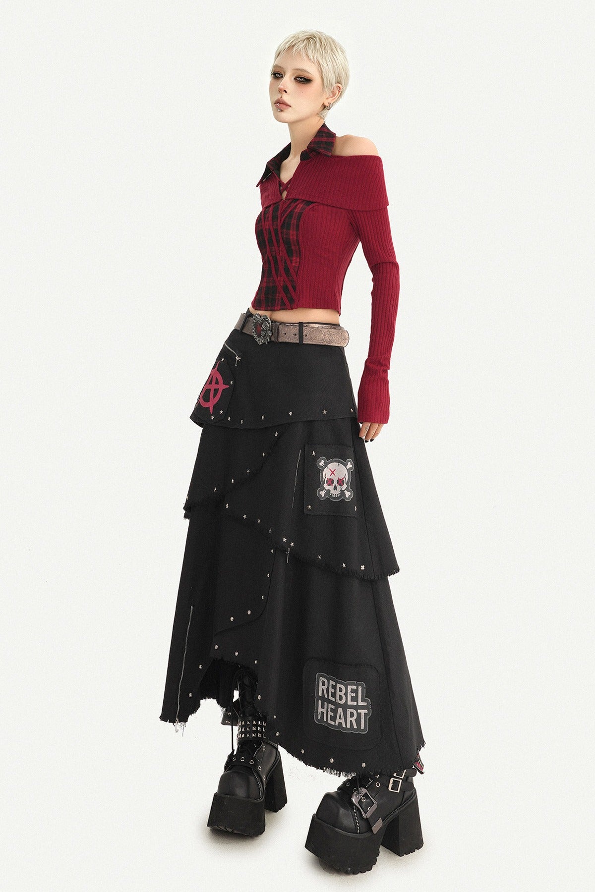 Black Punk Rivet Asymmetrical Skirt