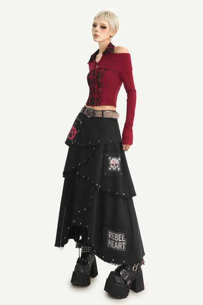 Black Punk Rivet Asymmetrical Skirt