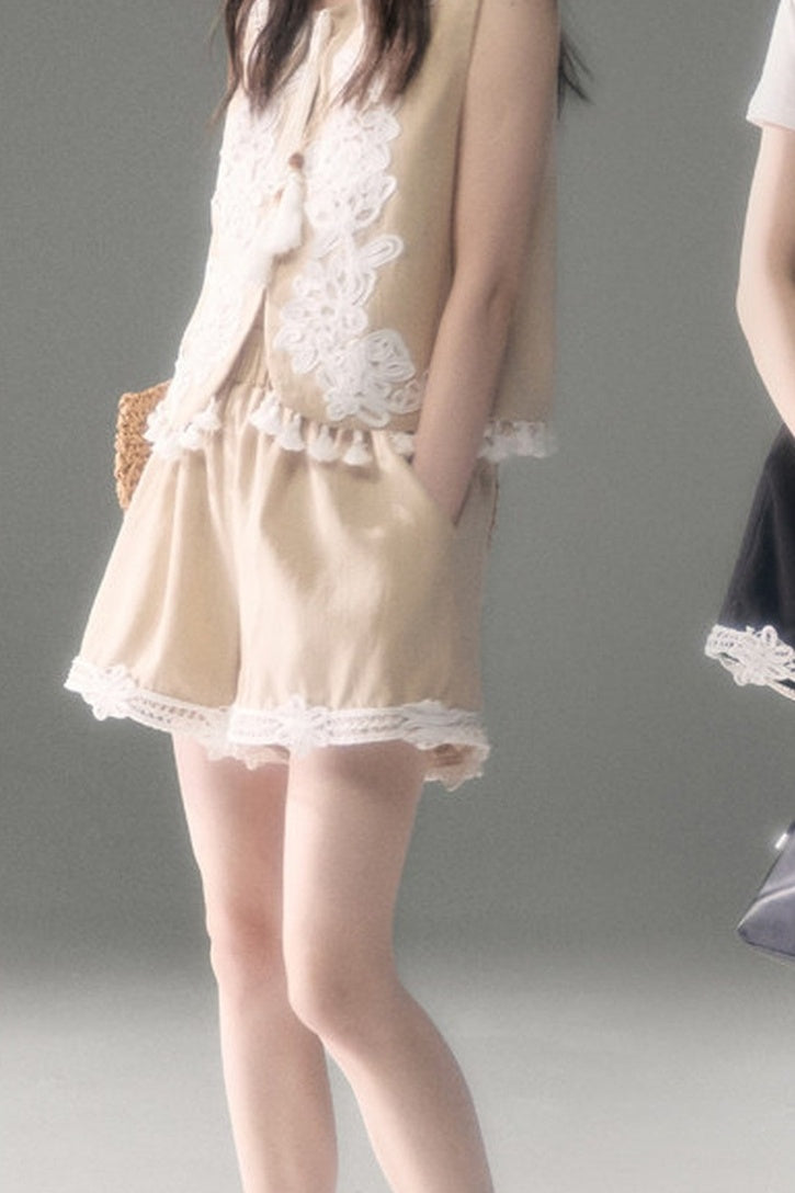 Three-Dimensional Rope Embroidery Floral Tencel Vest and Shorts Set-Up
