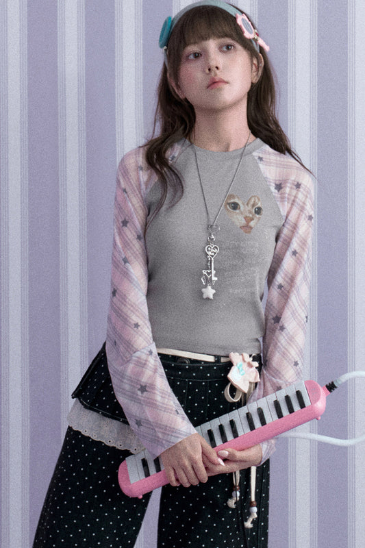 Cat Print Raglan T-Shirt