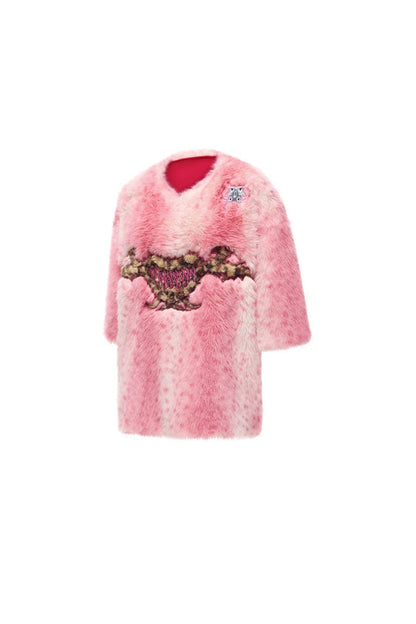 Pink Leopard Heart Embroidered Faux Fur Jacket