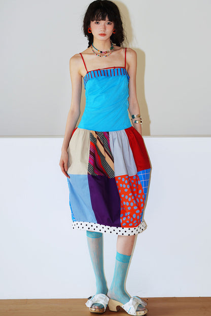 Patchwork Pleated Balloon Dress