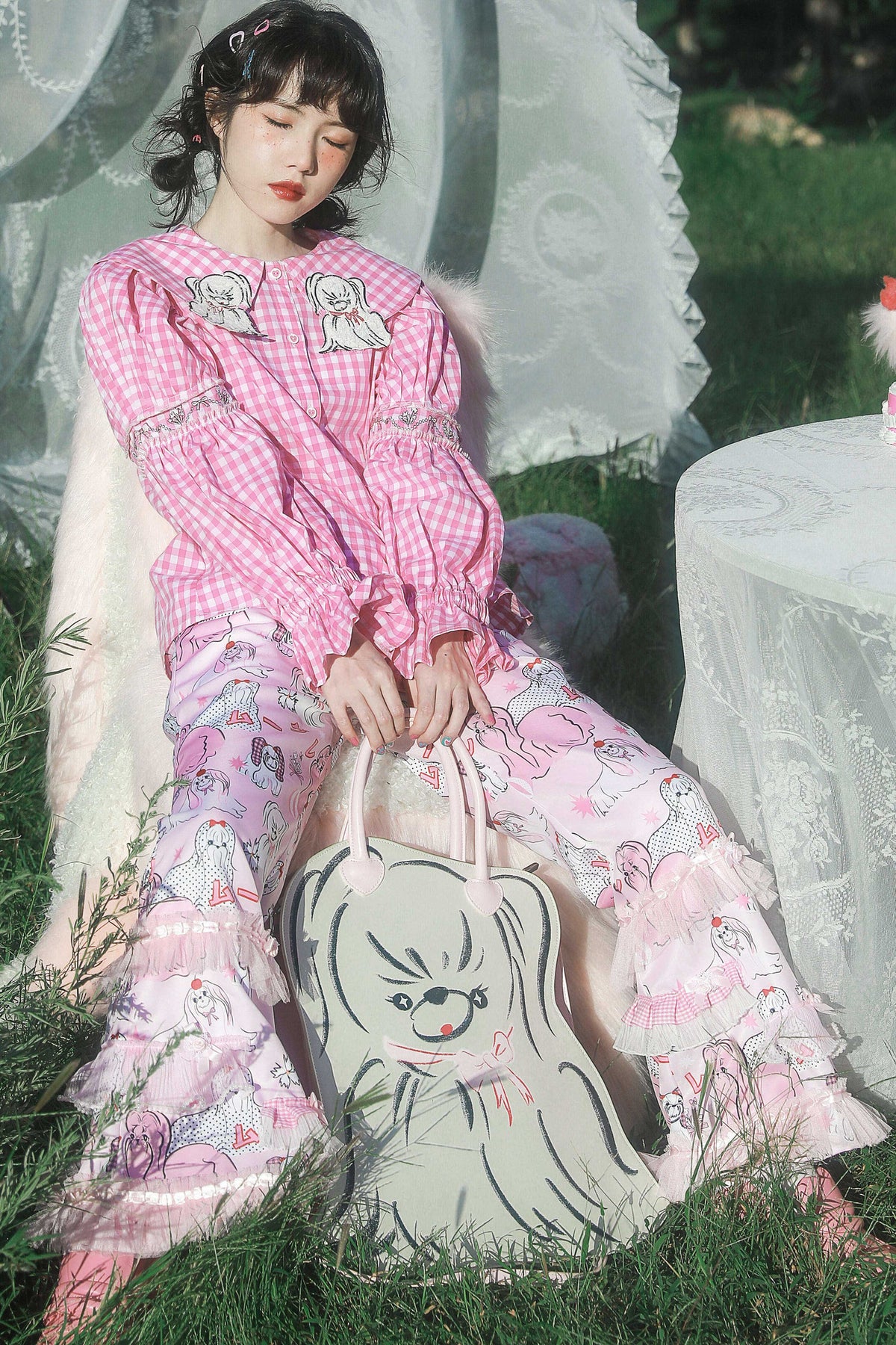 Dog Embroidered Plaid Puff Sleeve Shirt