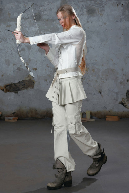 Pleated Skirt Panel Straight-Leg Flared Workwear Pants