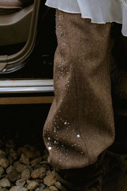 High-Waisted Loose Beaded Patchwork Wool Tweed Pants