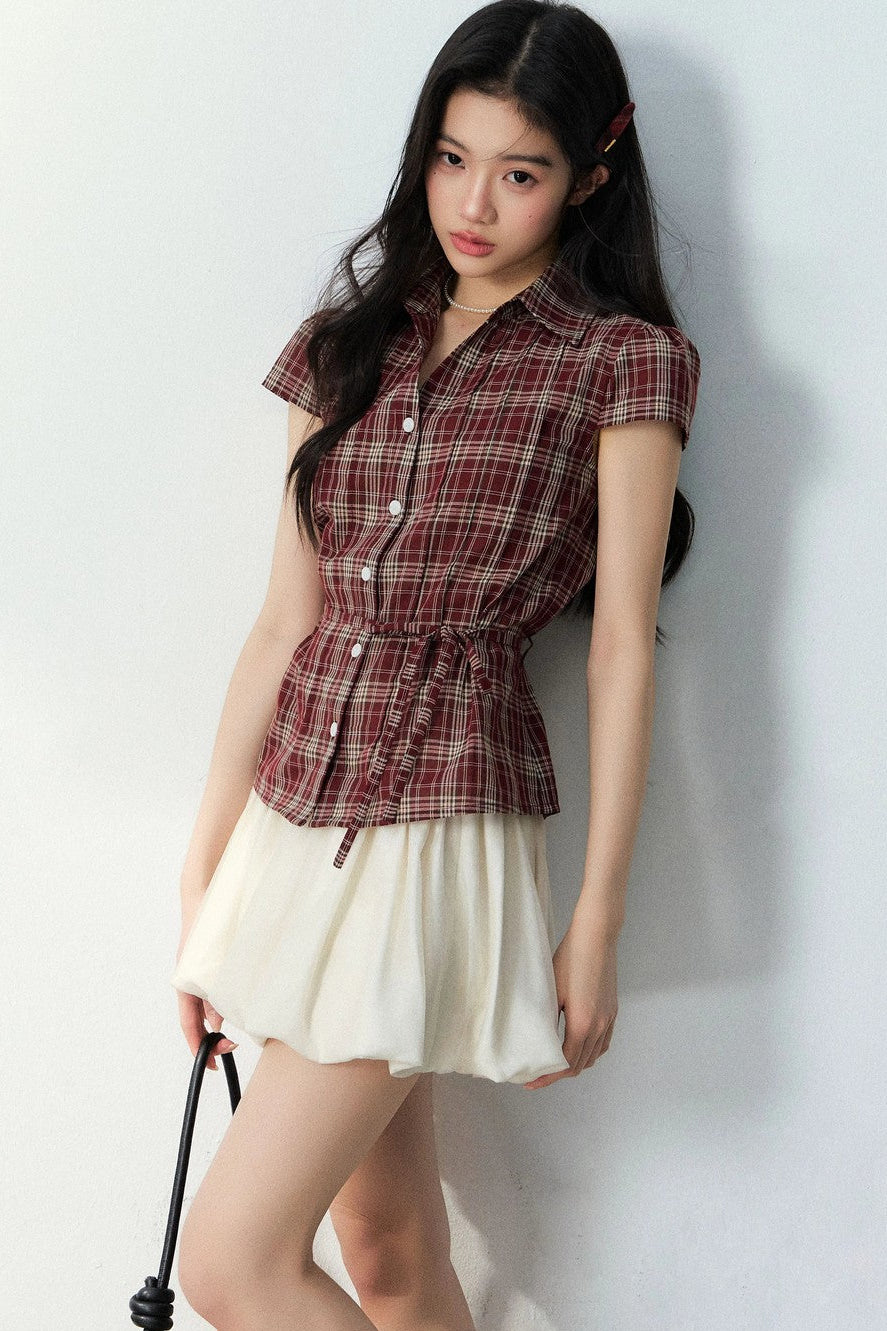 V-Neck Plaid Polka Dot Short Sleeve Shirt Set-Up