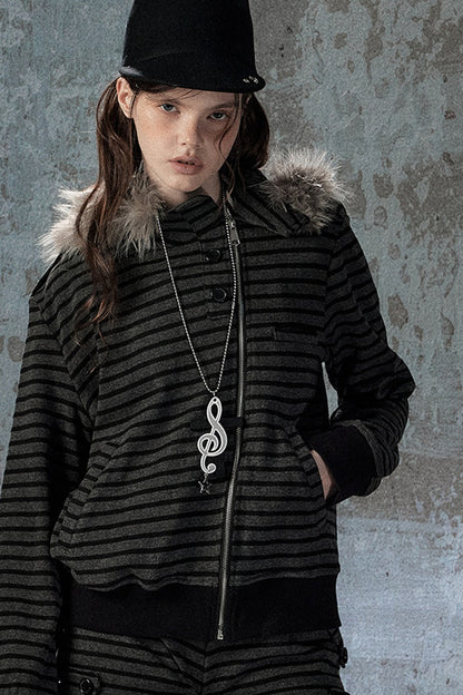 Fur Collar Striped Jacket