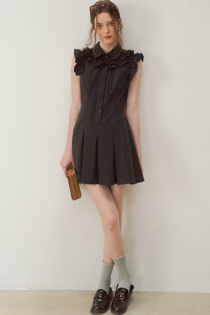 Robe rétro gris foncé à col à volants
