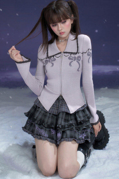 Milk Purple Bow Jacquard Turn-Down Collar Sweater