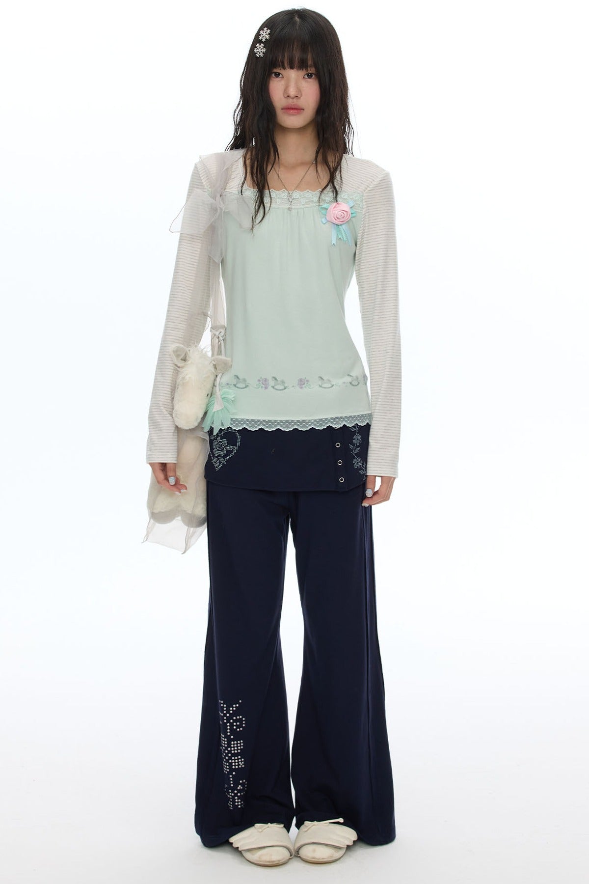 Rhinestone Layered-Look Flared Sweatpants