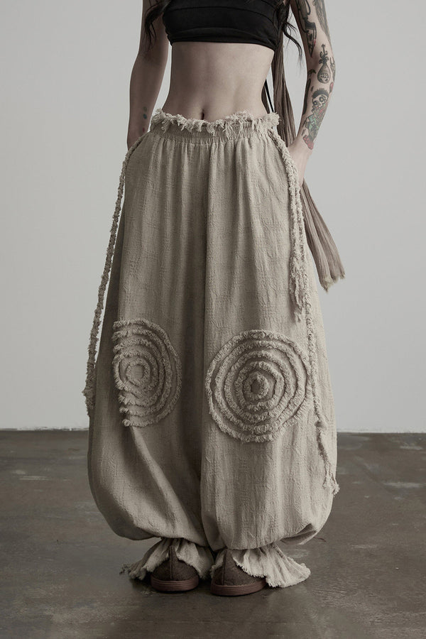 Spiral Embroidered Drawstring Elastic Wide-Leg Lantern Pants