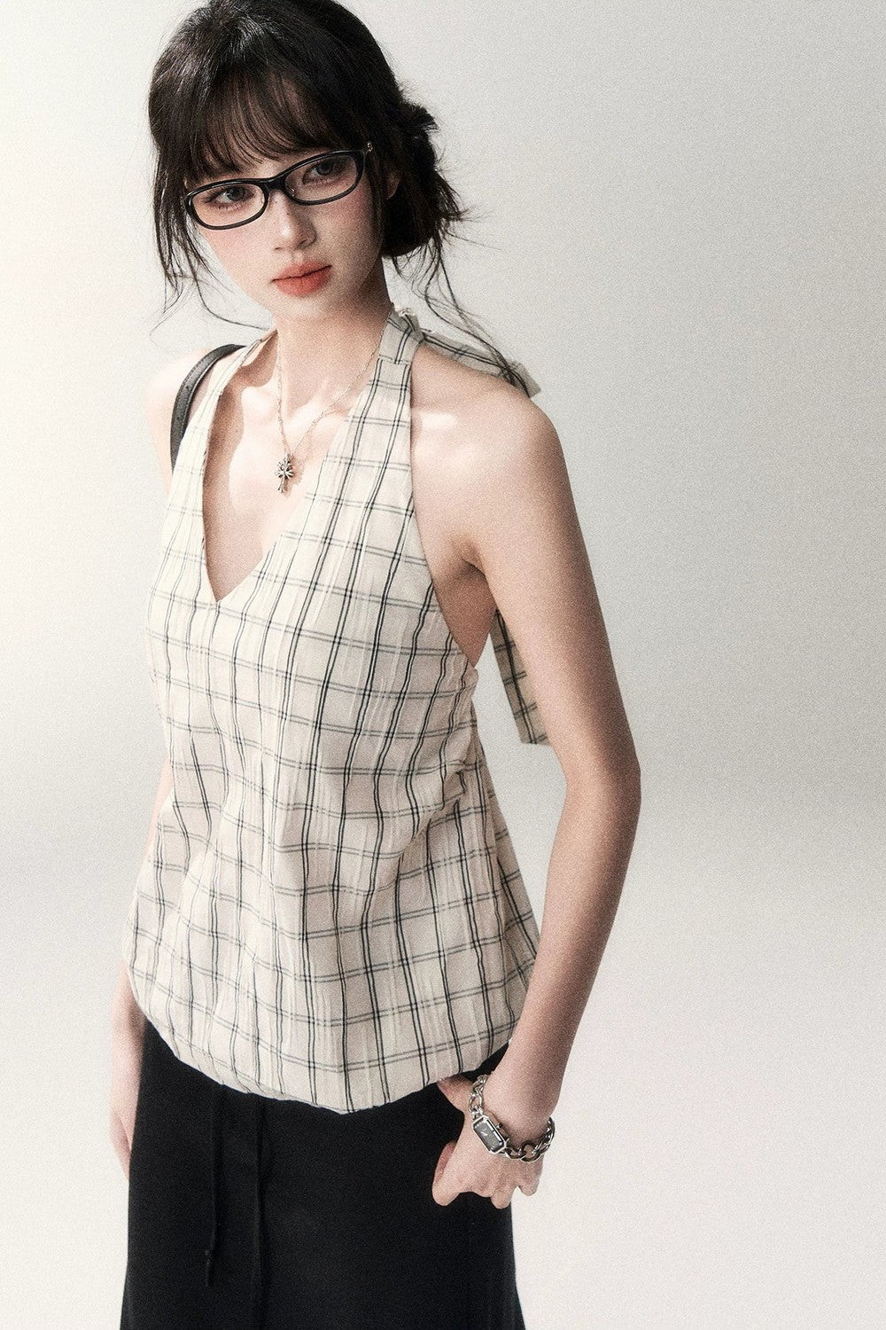 Textured Cotton Plaid Halter Camisole