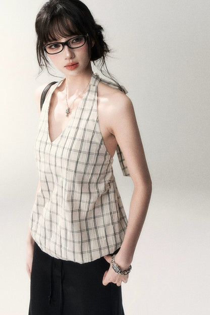 Textured Cotton Plaid Halter Camisole