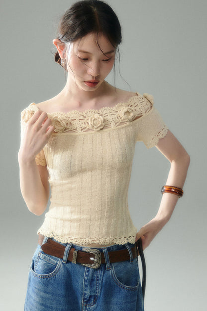 Handmade Crochet Camellia Off-Shoulder Knit Top