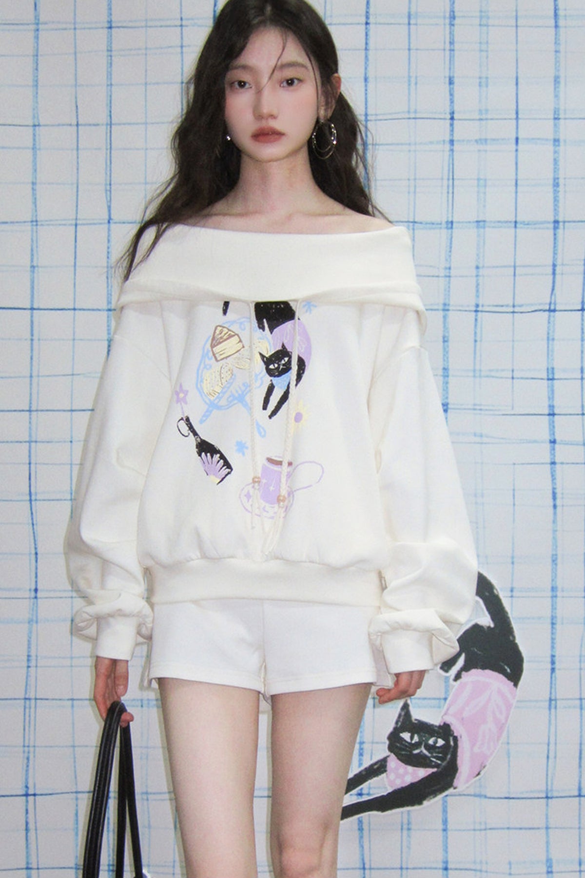 Cat Print Hooded Off-Shoulder Sweatshirt Shorts Set-Up