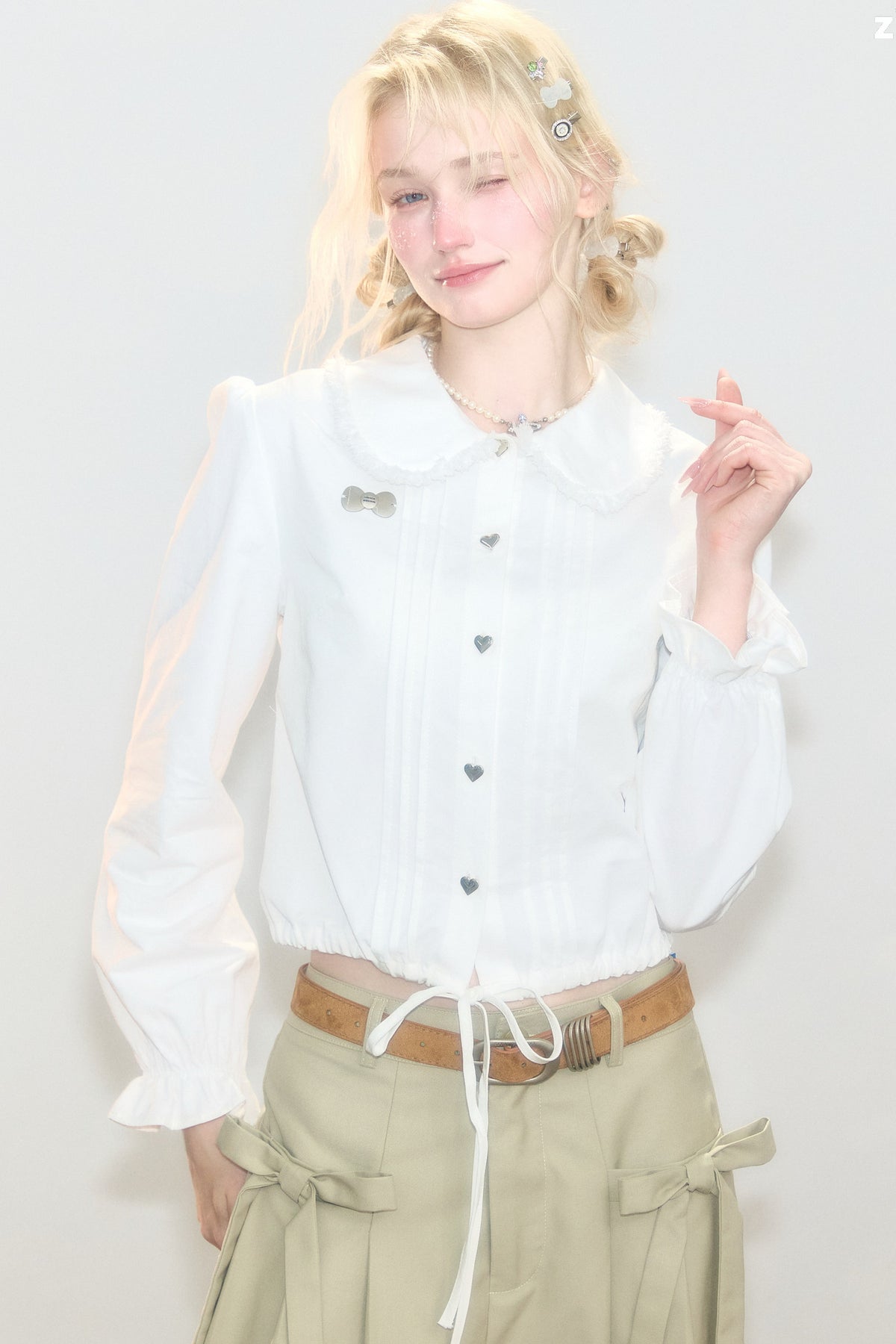 Tassel Doll Collar Puff Sleeve Shirt